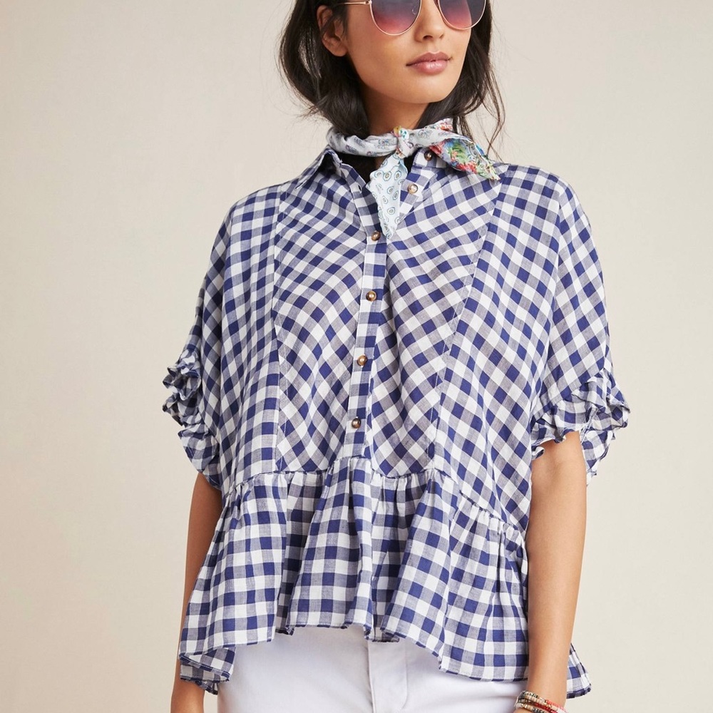 Anthropologie Maeve Flounced Gingham Blouse Navy/White S